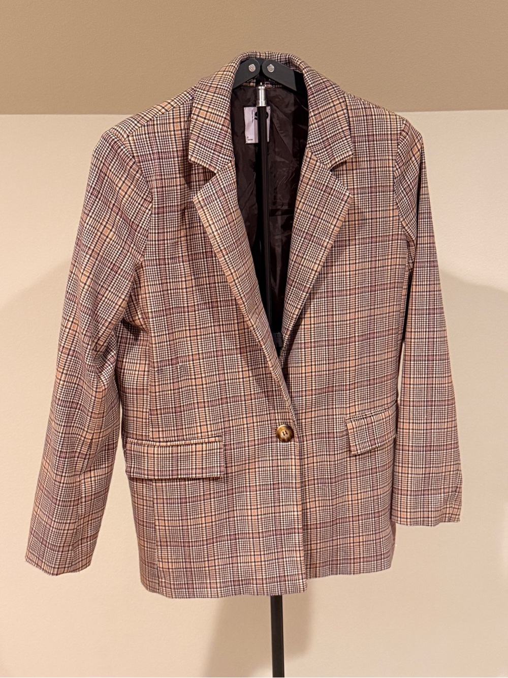 Preppy Plaid Single-Button Women’s Blazer in Beige and Brown
